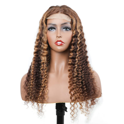 BLY Highlight Human Hair Lace Front Wigs Deep Wave #4/27 Ombre Colored Glueless Wigs Pre Plucked 20 Inch 4x4 Transparent Curly Water Wave Lace Wig Honey Blonde Real Human Hair 180% Density