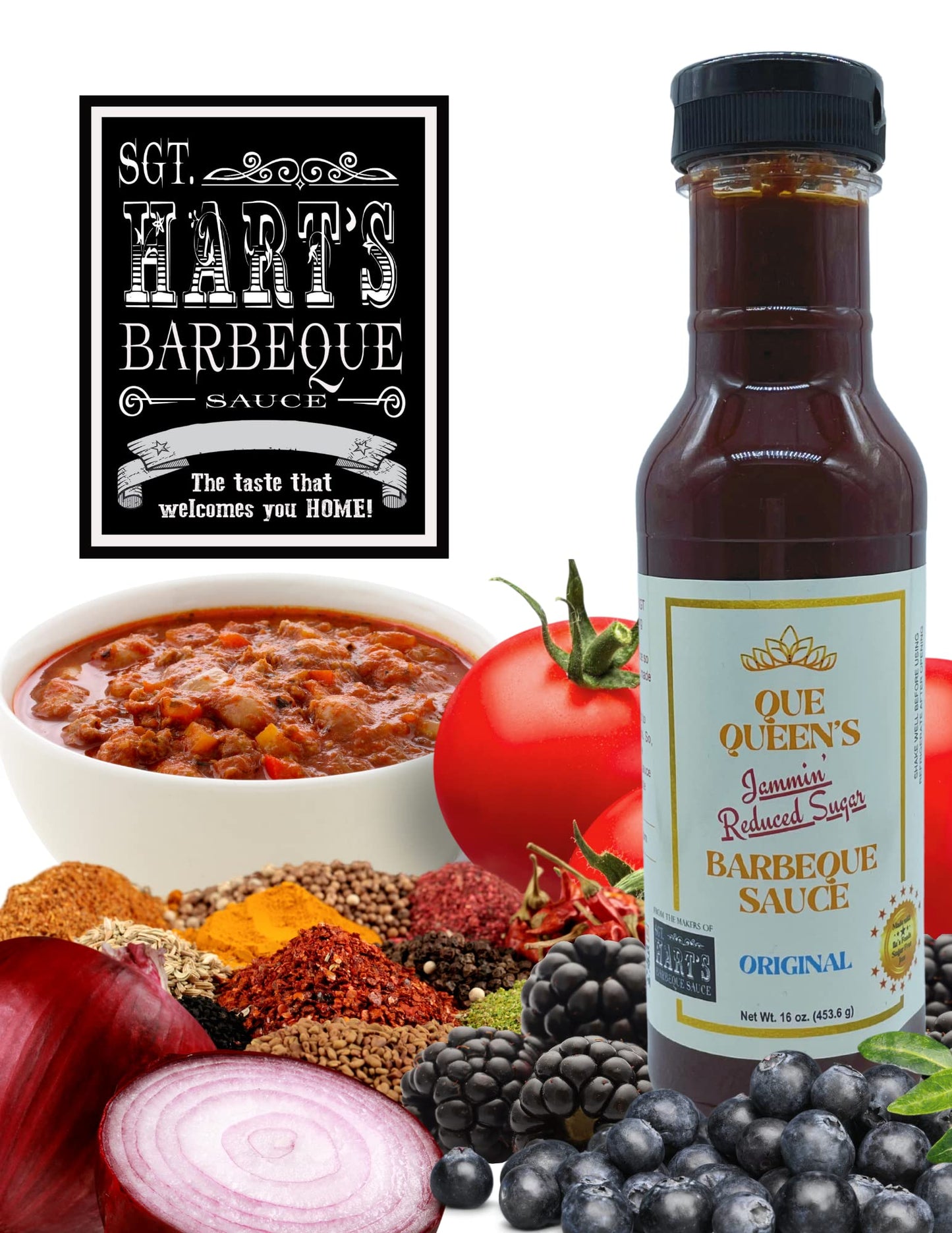 Que Queen’s Jammin’ Reduced Sugar BBQ Sauce – Original Flavor, 1 Pack Bottle - 16 OZ each