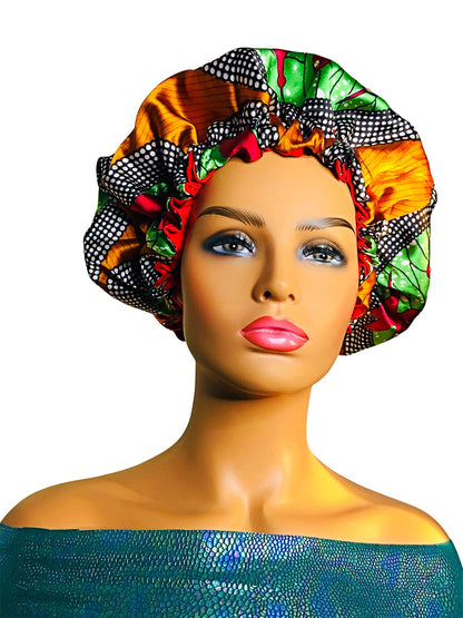 2Chique Boutique Women's African Ankara Print Satin Bonnet Multi Color Patterns (White/Black, Regular)