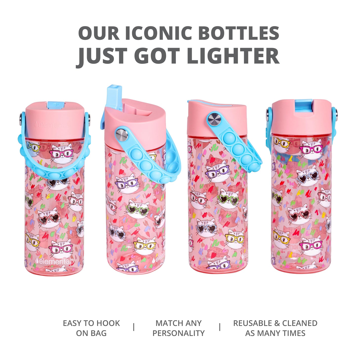 Elemental Leak Proof Water Bottles for Kids - Splash Kids Water Bottle for School with Pop-it Handle - BPA Free Tritan Plastic Reusable Water Bottle with Straw - Stylish Cat - 18oz