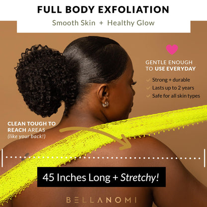 BELLANOMI African Exfoliating Net Sponge, Authentic, Ethically sourced from Nigeria, 45 inches Long, Back Scrubber for Daily use (Lemon)