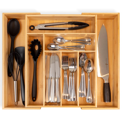 randomgrounds Utensil Drawer Organizer - 3" Deep 100% Bamboo Wooden Expandable Adjustable Kitchen Silverware Flatware Cutlery and Accessories Home Pantry Storage Organization Tray with Magnetic Lock