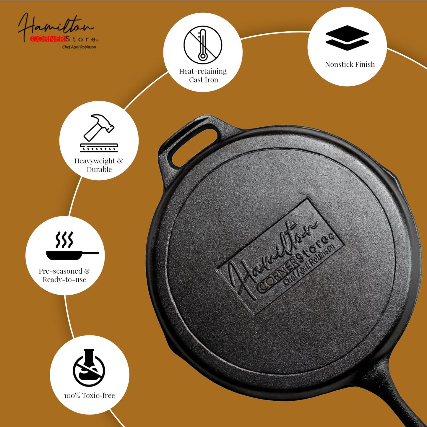 Hamilton Cornerstore Cast Iron Skillet, Pre-Seasoned Cast Iron Skillet with 2 Handles, NEW Signature Embossed Logo Preseasoned Pan, Pour Spouts for Searing, Baking, Grilling, Roasting, (10 inch)