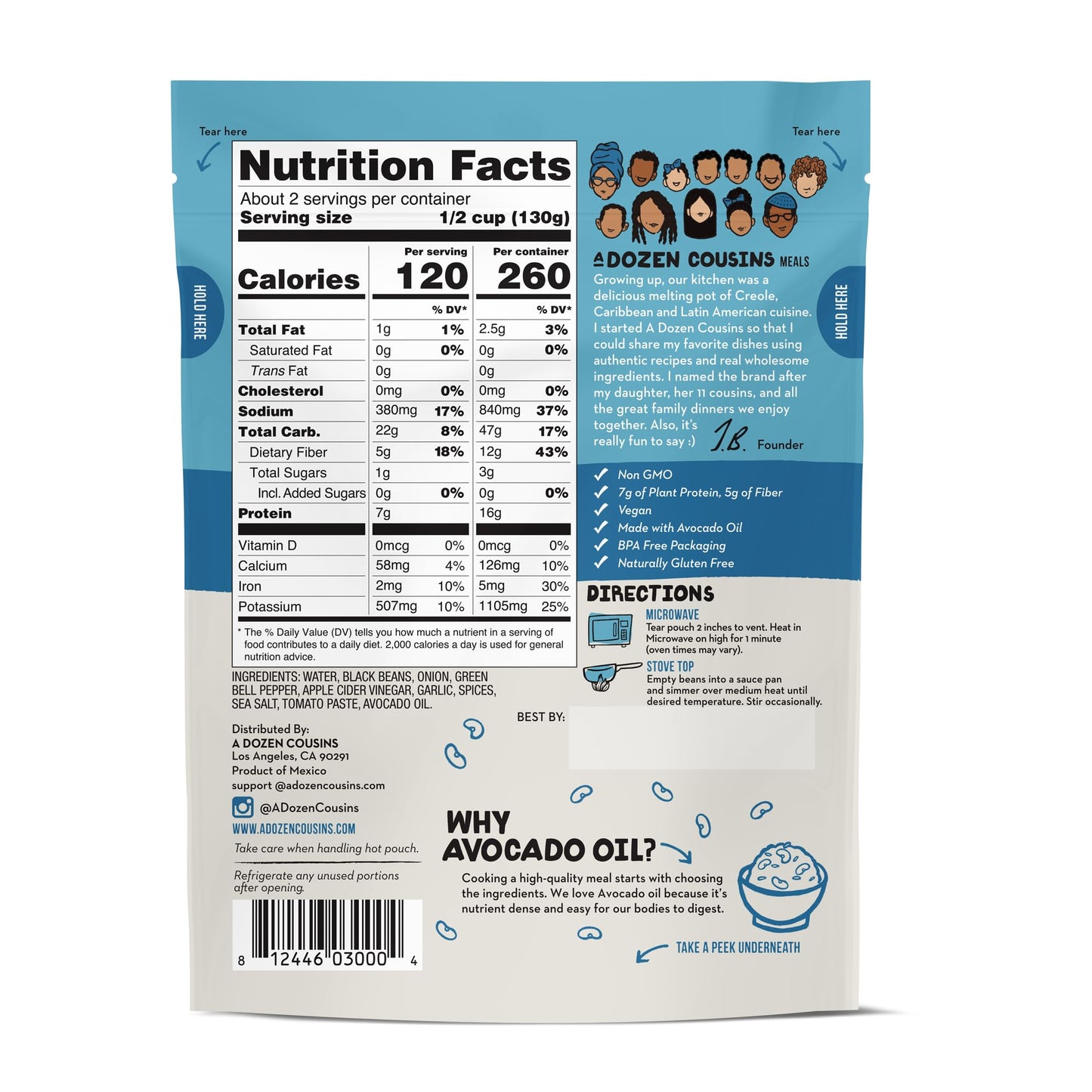 A Dozen Cousins Seasoned Beans, Vegan and Non-GMO Meals Ready to Eat Made with Avocado Oil (Black Beans, 8 Pack)