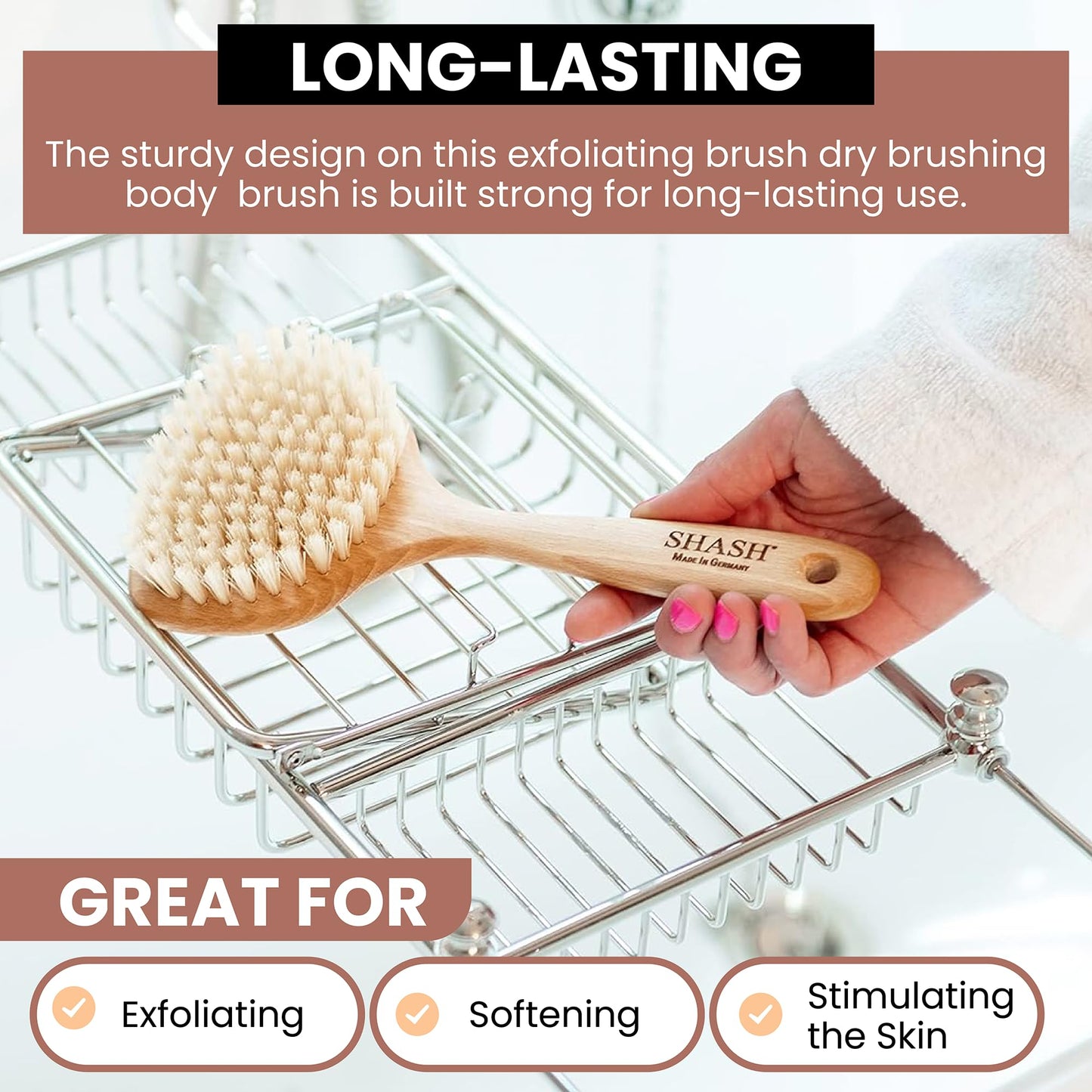 Since 1869 Hand Made in Germany - Smooth 100% Boar Bristle Body Brush, Gently Exfoliates Skin for a Softer, Smoother Complexion, Dry Brush Body Scrubber Promotes Circulation for a Healthy Glow