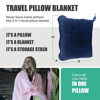 Take OFF Luggage - Compact Travel Blanket and Pillow, Super Soft Stuffable Bag with Zipper Pockets & a Keychain, Fits 3 Days of Essentials, Carry on Airplanes, Cars and Road Trip Accessories, Blue
