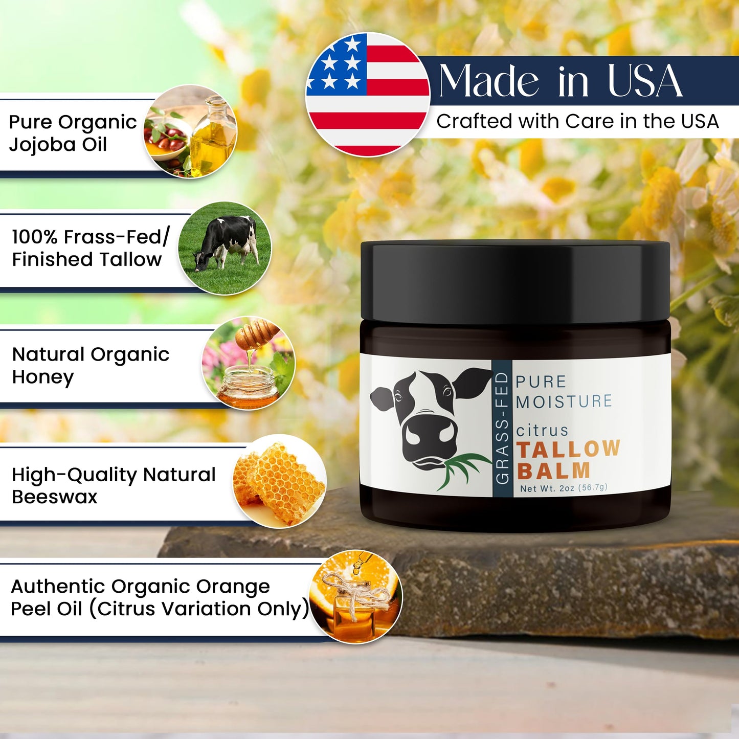Grass Fed Beef Tallow for Skin - Tallow Face Moisturizer - Beef Tallow Balm for Face - Head to Toe Tallow Skin Care - Grass Fed Beef Tallow Moisturizer - Organic Beef Tallow for Face (Citrus)