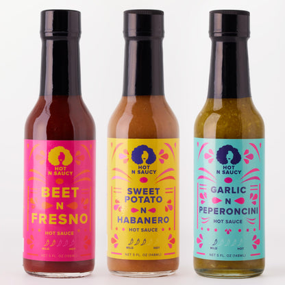 Hot N Saucy | Flavor Pack- Garlic N Peperoncini, Beet N Fresno and Sweet Potato N Habanero, 5 fl oz each