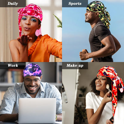 4Pcs Durag Set Silk Durag for Men Designer Durag Printed Do Rag with Long Tail Durag Hip Hop Turban Colorful Headband for Mens Braid Dread