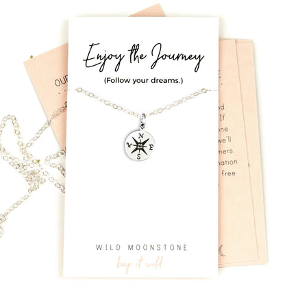 Wild Moonstone Compass Pendant Necklace, Graduation Gift for Her, Best Friend - Sterling Silver, 18"