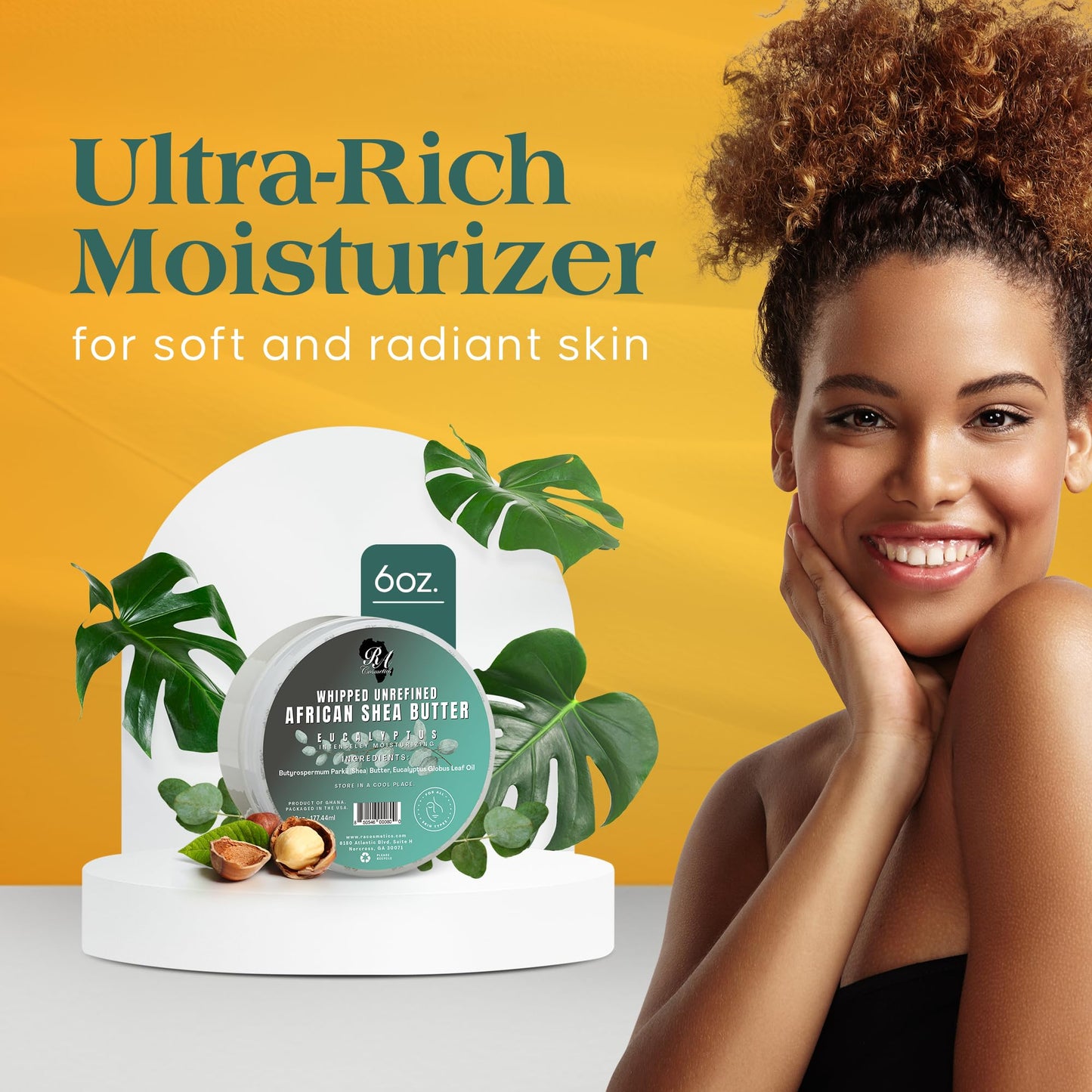 RA COSMETICS Whipped Shea Butter Eucalyptus – 6oz | 100% Pure and Natural African Shea Butter for Men & Women - Ultimate Handcrafted Moisturizer with Essential Vitamins for Radiant Skin & Hair