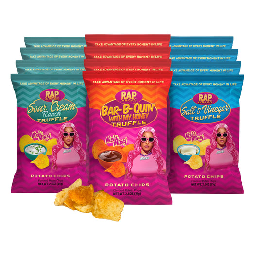 Rap Snacks Nicki Minaj Sour Cream and Truffle, Honey BBQ Truffle, and Salt and Vinegar Truffle Chips Variety - Pack of 12