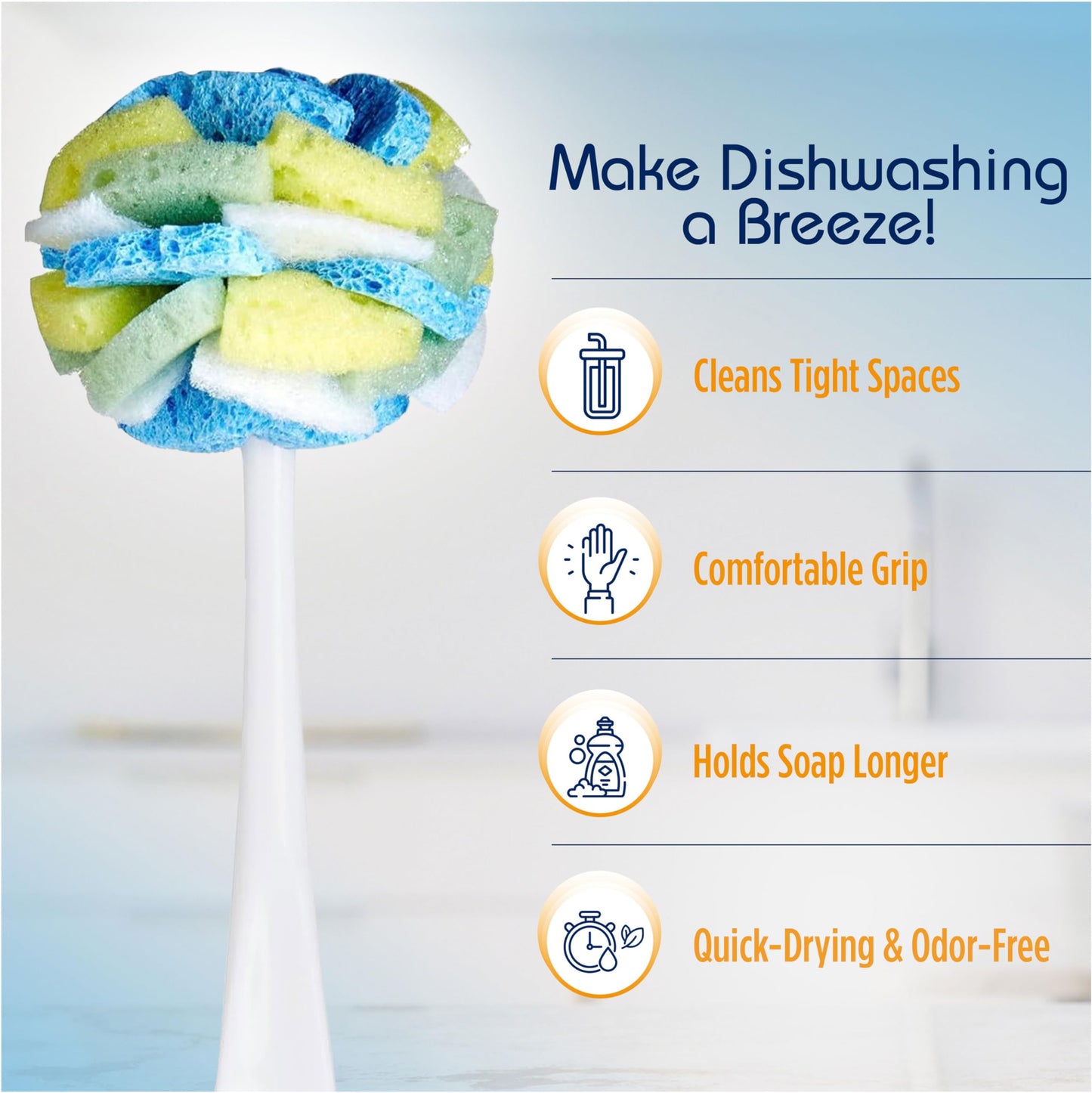 COMPAC HOME Dish Wand Plus Cello, Foam & Scour Sponge Petals Brush and Clean Dishes, Pots, Bottles, & Glassware, 2 Count