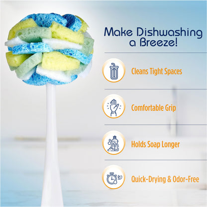 Compac’s Dish SpongeWand Plus Tri Surface Scrubbing Sponge with Cello Foam Scour Sponge Petals, Cleans Dishes, Glassware 360° Scrubber Pads for Tough to Clean Pots Pans, Multi-Color, (Pack of 6)