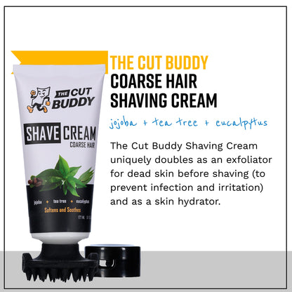 The Cut Buddy | Shave Cream for Coarse Hair | Ingrown Hair & Skin Discomfort Defense with Patented Exfoliator Attachment | Softens and Soothes | As Seen on Shark Tank | 6 Fl Oz