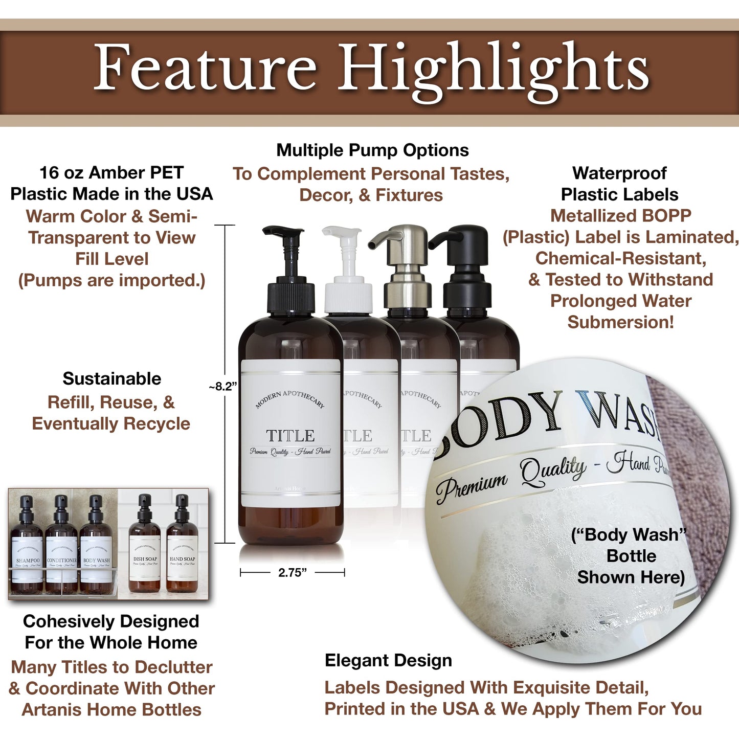 Amber Refillable Shampoo and Conditioner Bottles - Body Wash, Shampoo and Conditioner Dispenser - PET Plastic Shampoo Bottles Refillable with Pump - Waterproof Labels - 16 oz, 3 Pack (Black Satin)