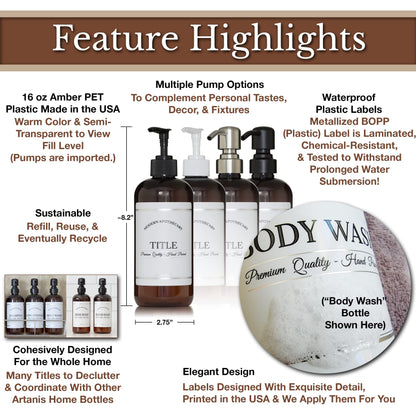 Amber Refillable Hand and Dish Soap Dispenser Set with Pumps for Kitchen Sink - PET Plastic Soap Bottles Refillable with Pump - Waterproof Labels - 16 oz, 2 Pack (Stainless Steel)