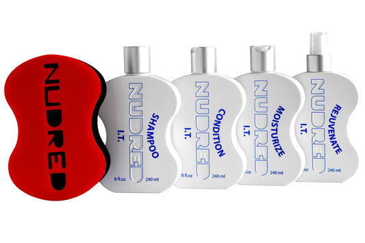 NuDred Super Starter Kit, 4 Bottles of Moisturize, Shampoo, Condition and Rejuvenate I.T. Bottles (8 oz) and the Original Red Hair Sponge, Small Holes