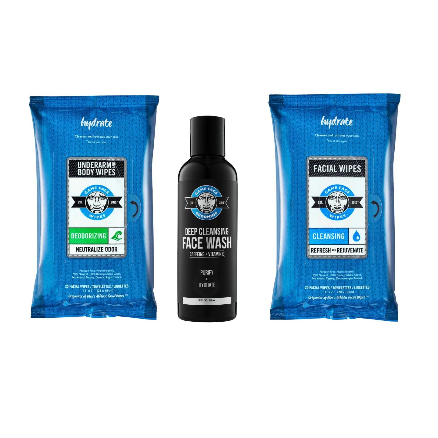 Game Face Grooming Face and Body Bundle - Cleansing Face Wipes and Face Wash with Deodorizing Body Wipes | Make Sure You Take Care Of Yourself At Home & On The Go