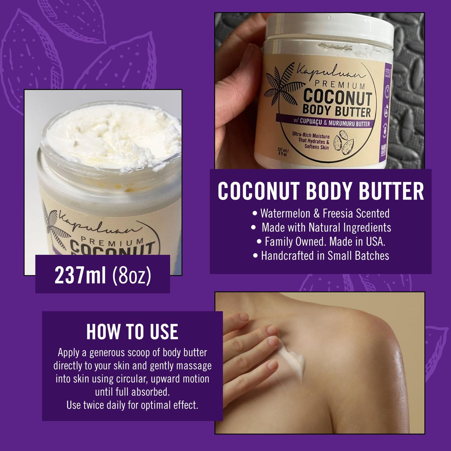 Coconut Body Butter for Women Dry Skin, Body Butter with Pure Coconut Oil, Cupuaçu & Murumuru, Whipped Body Butter for Women, Shea Body Butter Cream, Mantequilla Corporal (Watermelon & Freesia Scent)