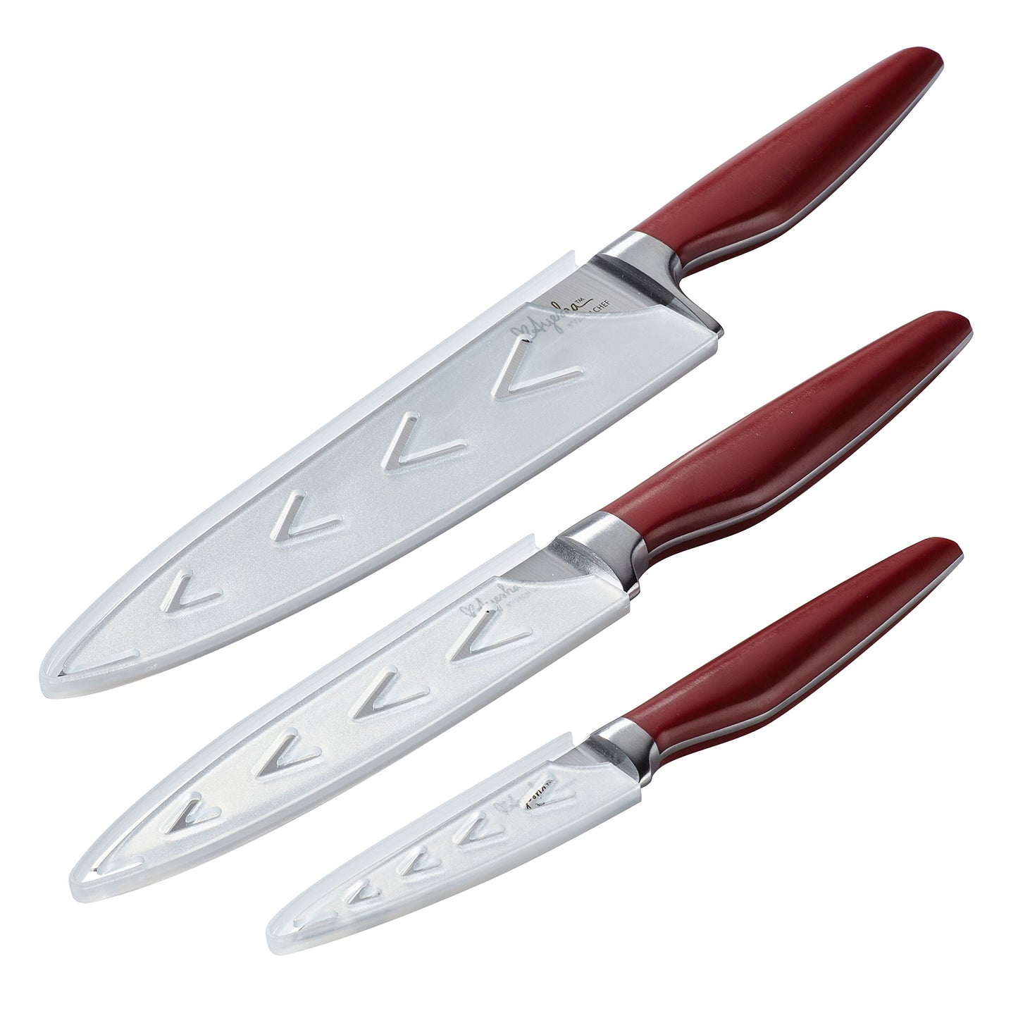 Ayesha Curry Cutlery Japanese Stainless Steel Knife Cooking Knives Set with Sheaths, 8-Inch Chef Knife, 6-Inch Utility Knife, 3.5-Inch Paring Knife, Sienna Red