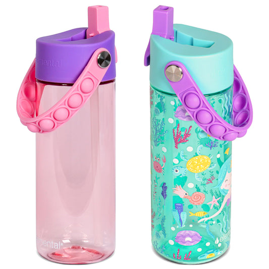 Elemental Leak Proof Water Bottles for Kids - Splash Kids Water Bottle for School with Pop-it Handle - Tritan Plastic Water Bottle with Straw - Mermaid & Rose - 18oz (2 Pack)