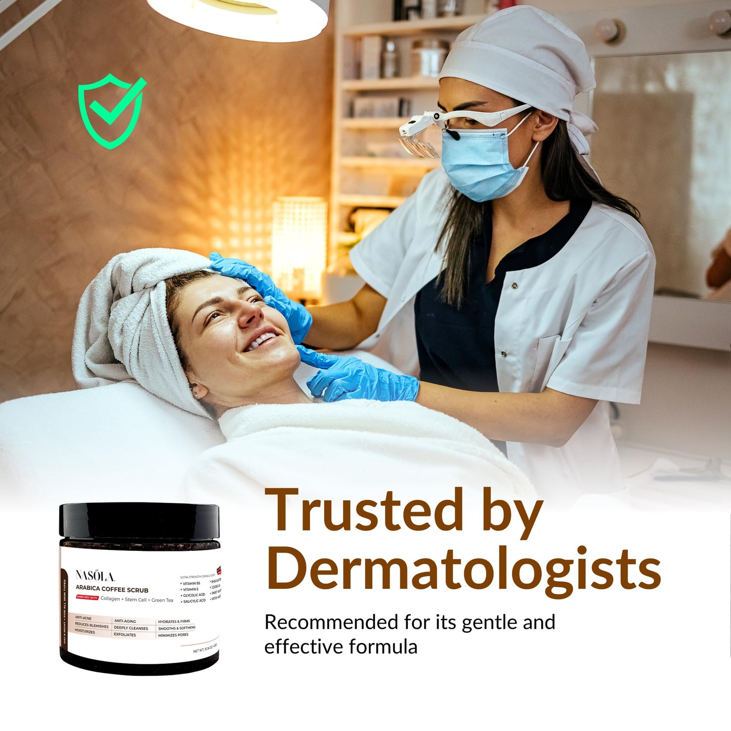 Nasola Arabica Coffee Body Scrub with Collagen, Green Tea & Stem Cell – Exfoliating Body Scrubber & Face Cleanser – Coffee Scrub for Wrinkles, Stretch Marks, and for Smoother Skin, 15.16 Oz