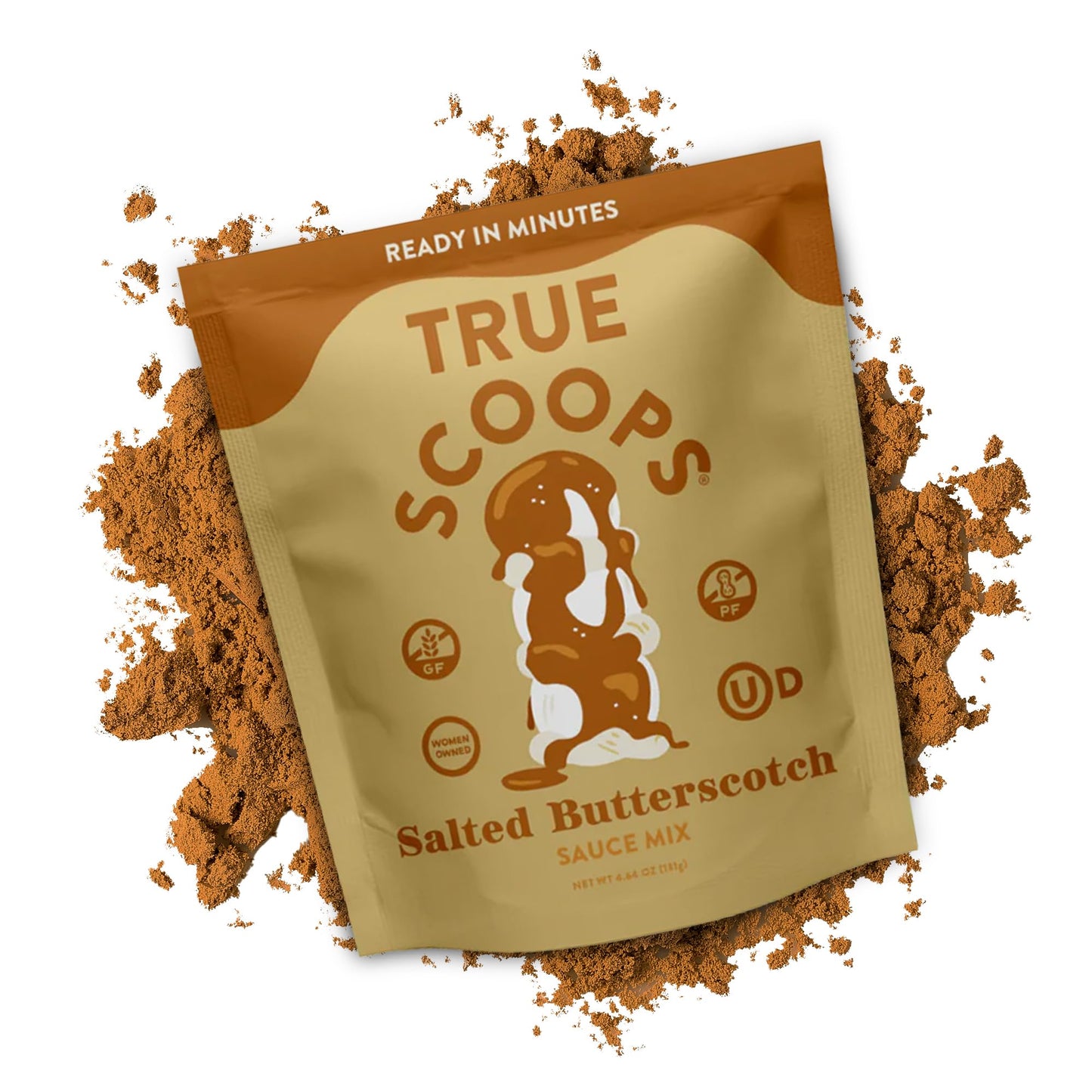 True Scoops Salted Butterscotch Sauce Mix. Add One Ingredient - Half & Half! Makes 1 Cup of Sauce. Made With Real Dark Brown Sugar. Gluten-Free, Peanut-Free, and Kosher. (131g)