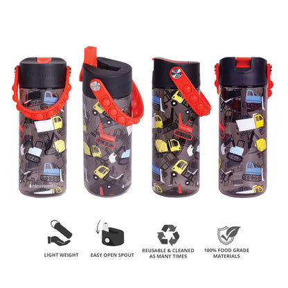 Elemental Leak Proof Water Bottles for Kids - Splash Kids Water Bottle for School with Pop-it Handle - BPA Free Tritan Plastic Reusable Water Bottle with Straw - Construction - 18oz