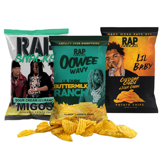 Rap Snacks Lil Baby, Lil Durk and Migos Cheddar Cheese and Sour Cream, Buttermilk Ranch, and Sour Cream with a Dab of Ranch Variety - Pack of 6