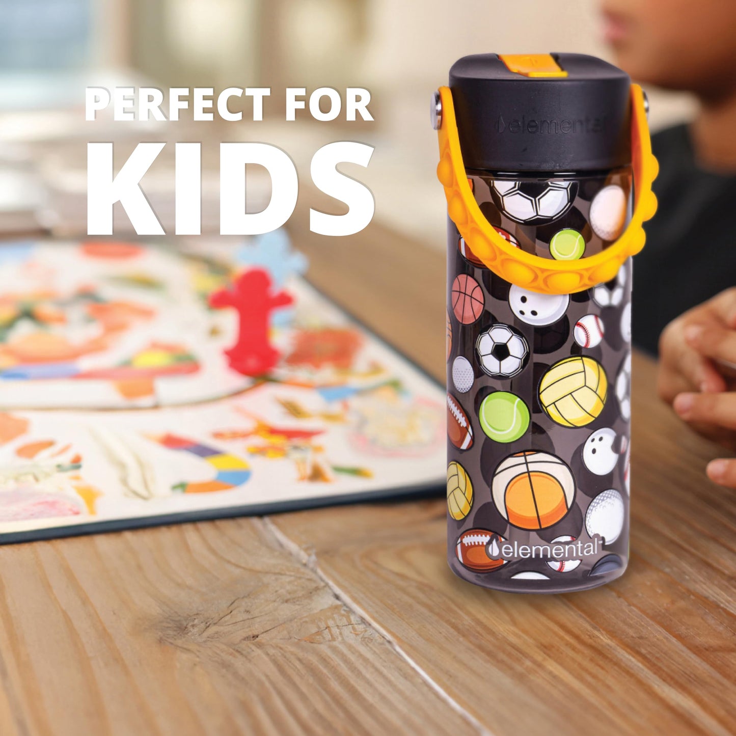 Elemental Leak Proof Water Bottles for Kids - Splash Kids Water Bottle for School with Pop-it Handle - BPA Free Tritan Plastic Reusable Water Bottle with Straw - Sports Ball - 18oz