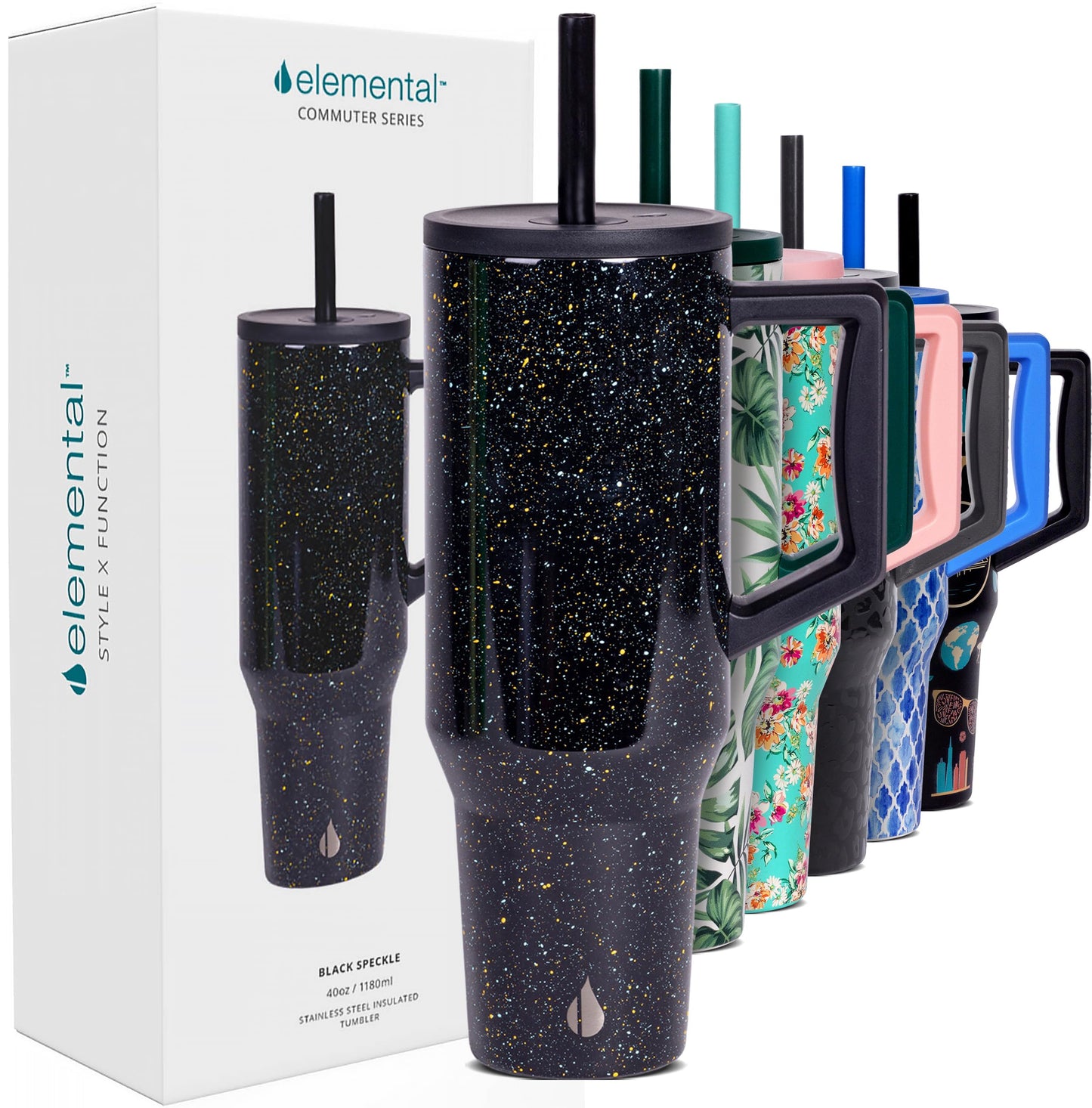 Elemental 40 oz Tumbler with Handle and Straw - Spill Proof Insulated Stainless Steel Commuter for Hot and Cold Beverages - Travel Coffee Mug with 2 Straws & Spill Proof Lid - 40oz - Black Speckle
