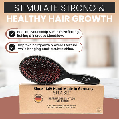 Since 1869 Hand Made In Germany - Nylon Boar Bristle Brush Suitable For Normal to Thick Hair - Gently Detangles, No Pulling or Split Ends - Softens and Improves Texture, Stimulates Scalp (Large)