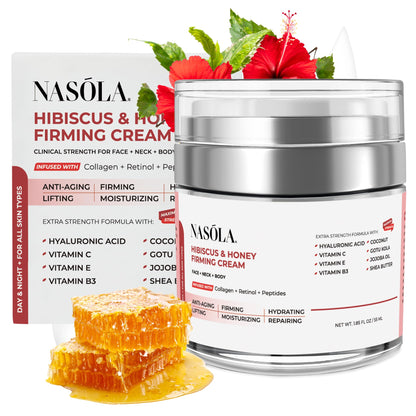 Nasola Hibiscus and Honey Firming Cream, Neck Firming Cream, Skin Tightening Cream, Skin Firming and Tightening Lotion for Face and Body, Anti-Wrinkle Facial Moisturizer with Collagen, 1.85 Oz/55ml