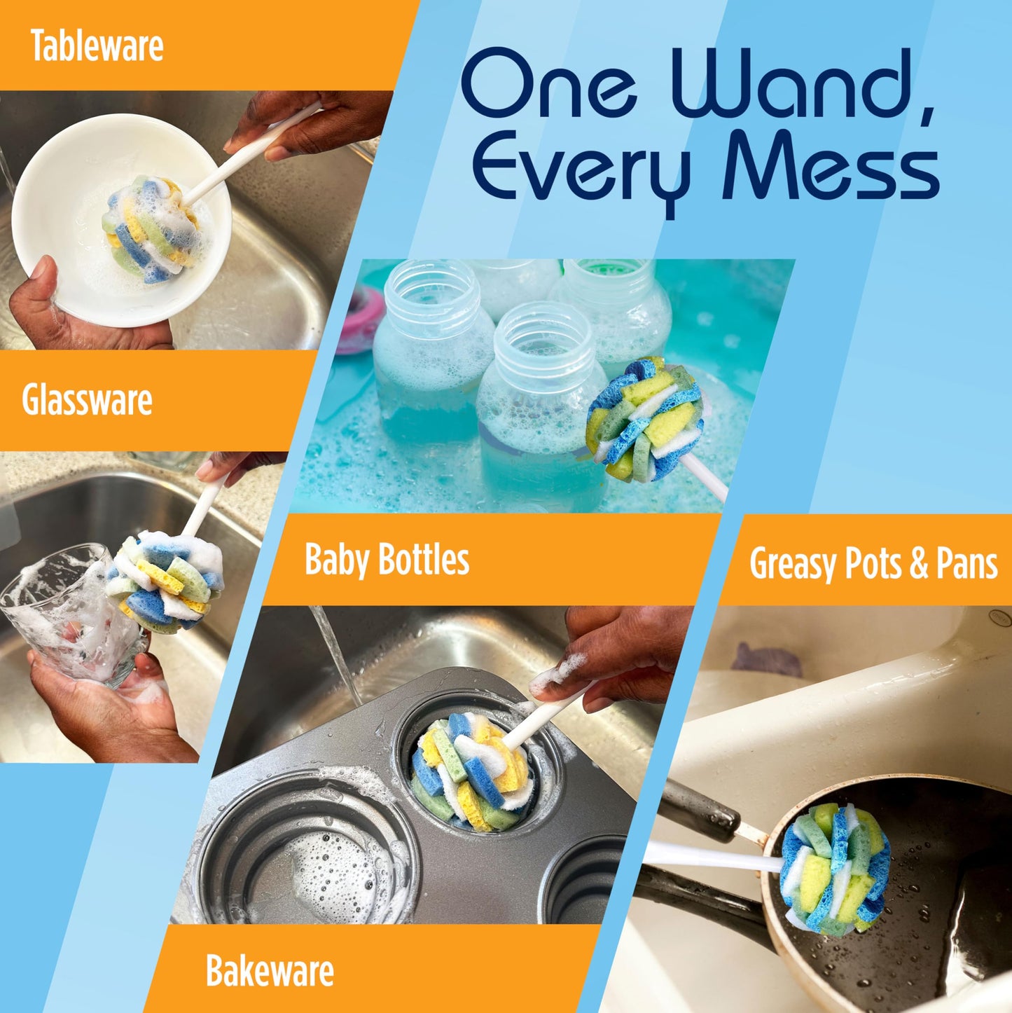 COMPAC HOME Dish Wand Plus Cello, Foam & Scour Sponge Petals Brush and Clean Dishes, Pots, Bottles, & Glassware, 2 Count
