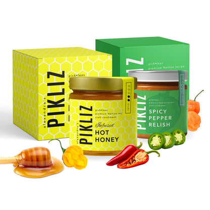 Alexandra's Pikliz: Variety Pack - West Indian & Haitian Inspired, Caribbean Flavors - Spicy Pepper Relish 7.5oz & Infused Hot Honey 9.0oz (Pack of 2)