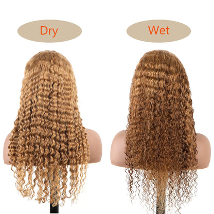 BLY Light Brown Colored 10A Human Hair Blonde Wig Lace Front for Women 13x4 HD Transparent Pre Plucked Deep Wave Curly Glueless Wigs 180% Density #27 Color 26 Inch