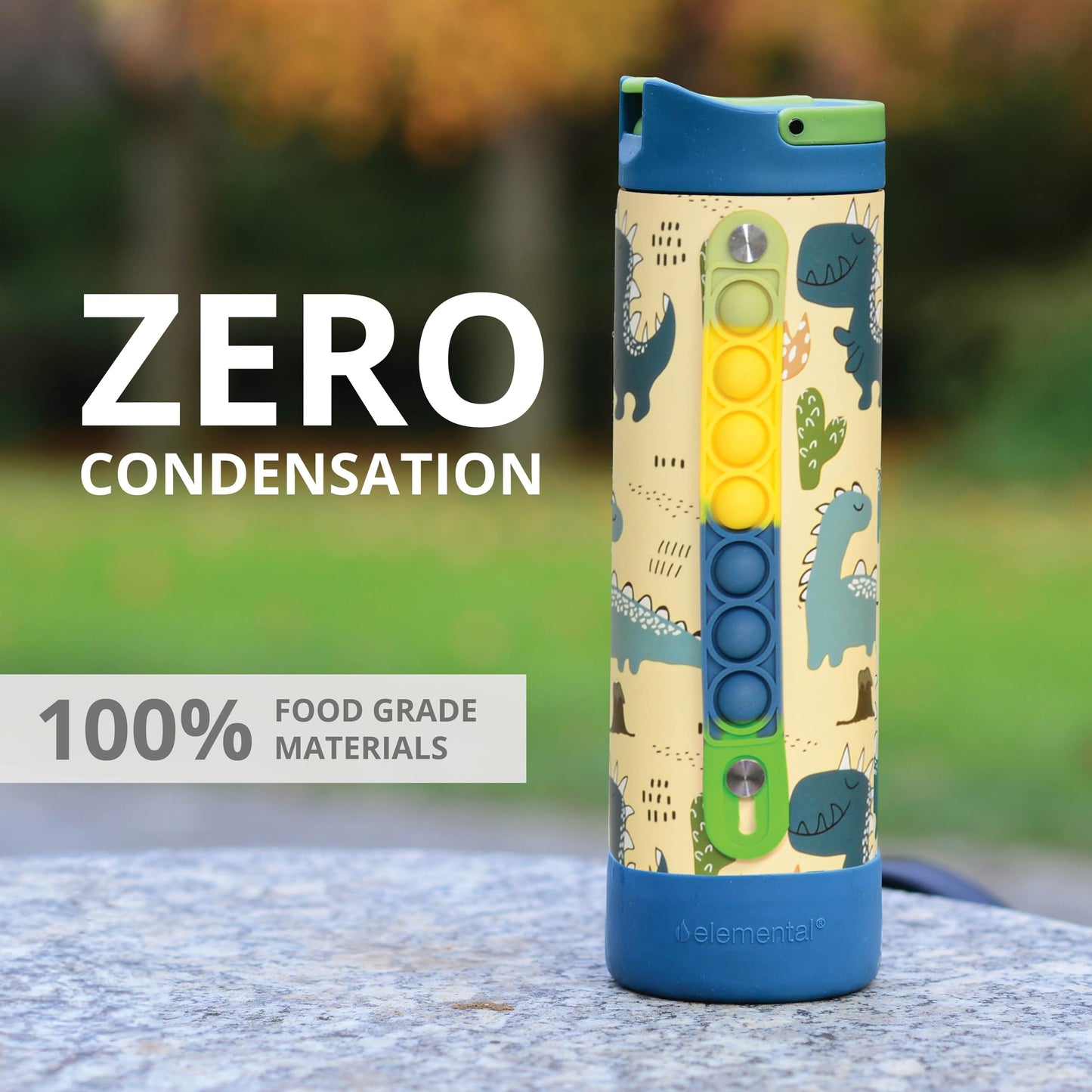 Elemental Iconic Kids Water Bottle with Straw Lid & Stress Reliever Pop It Handle, Leak-Proof When Closed, Triple Insulated Stainless Steel Reusable Thermos Water Bottle, 20oz - Dinosaur