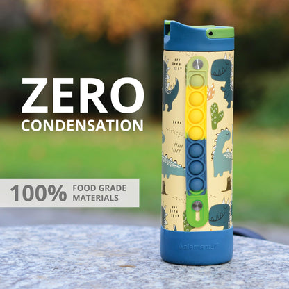 Elemental Iconic Kids Water Bottle with Straw Lid & Stress Reliever Pop It Handle, Leak-Proof When Closed, Triple Insulated Stainless Steel Reusable Thermos Water Bottle, 20oz - Dinosaur