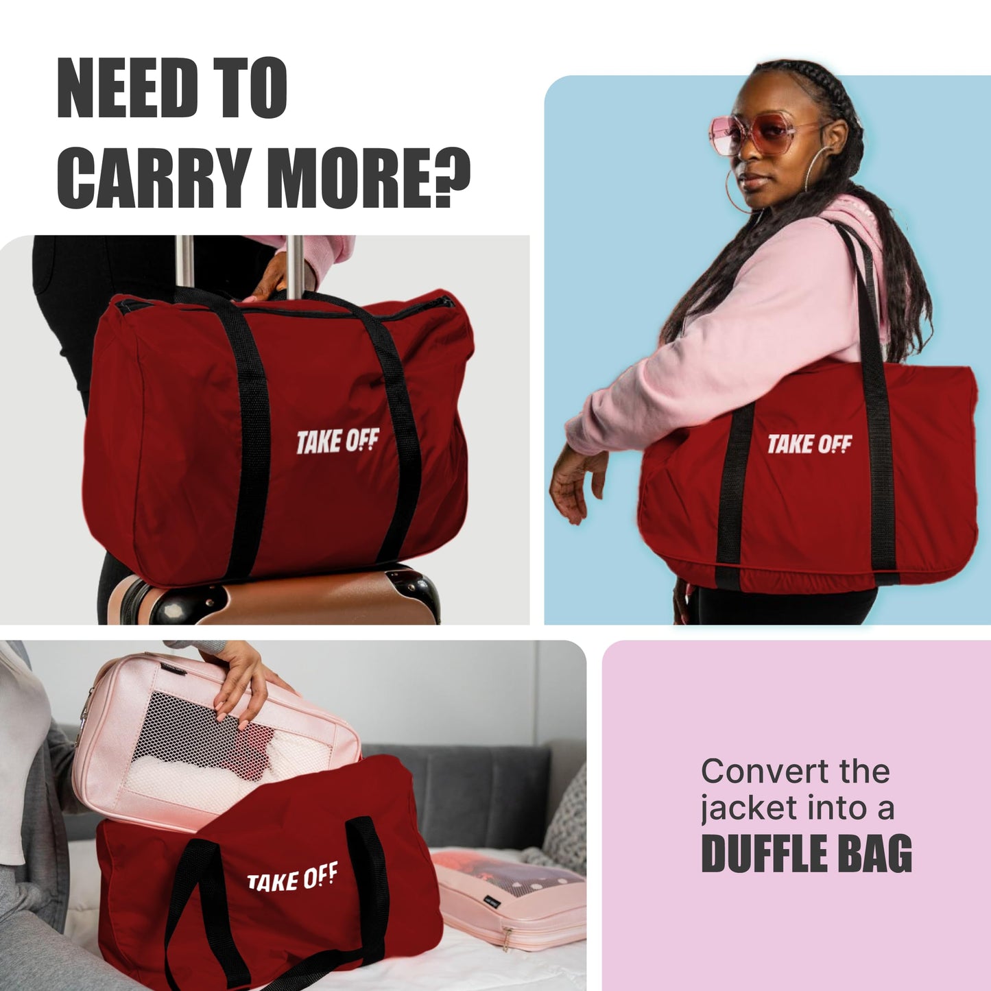 TAKE OFF Luggage - 3 in 1 Duffle Bag, Large Pocket Jacket or Pouch, Lightweight Oversized Windbreaker, Convertible Waterproof Garment, Personal Item & Carry On Accessories for Travel Essentials, Red