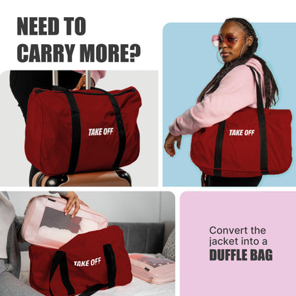 TAKE OFF Luggage - 3 in 1 Duffle Bag, Large Pocket Jacket or Pouch, Lightweight Oversized Windbreaker, Convertible Waterproof Garment, Personal Item & Carry On Accessories for Travel Essentials, Red