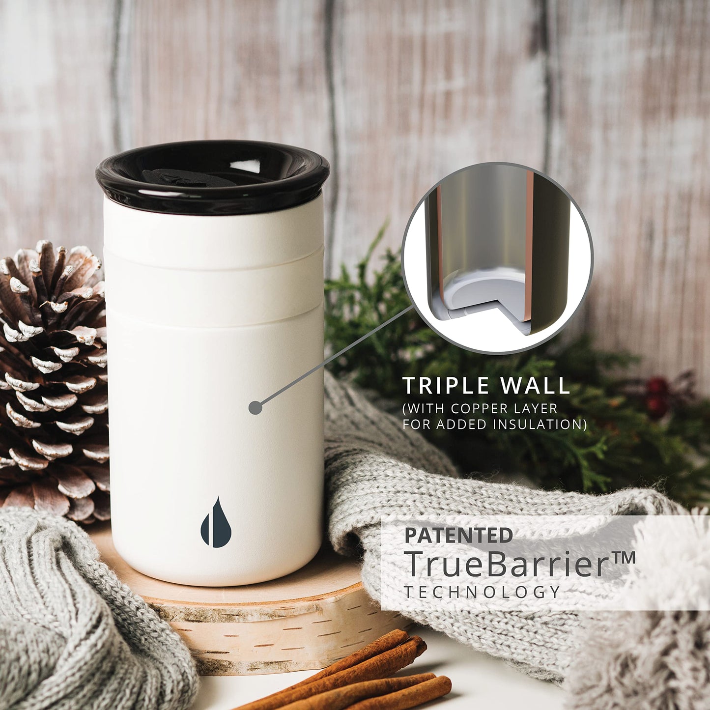 Elemental Artisan Insulated Tumbler, Triple Wall Coffee Travel Mug, Reusable Stainless Steel Coffee Tumbler with Ceramic Lid, Thermal Coffee Cups for Hot (6 Hrs) & Cold (18 Hrs), 12oz - Matte White