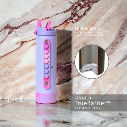 Elemental Iconic Kids Water Bottle with Straw Lid & Stress Reliever Pop It Handle, Leak-Proof When Closed, Triple Insulated Stainless Steel Reusable Thermos Water Bottle, 20oz - Lilac Tie Dye