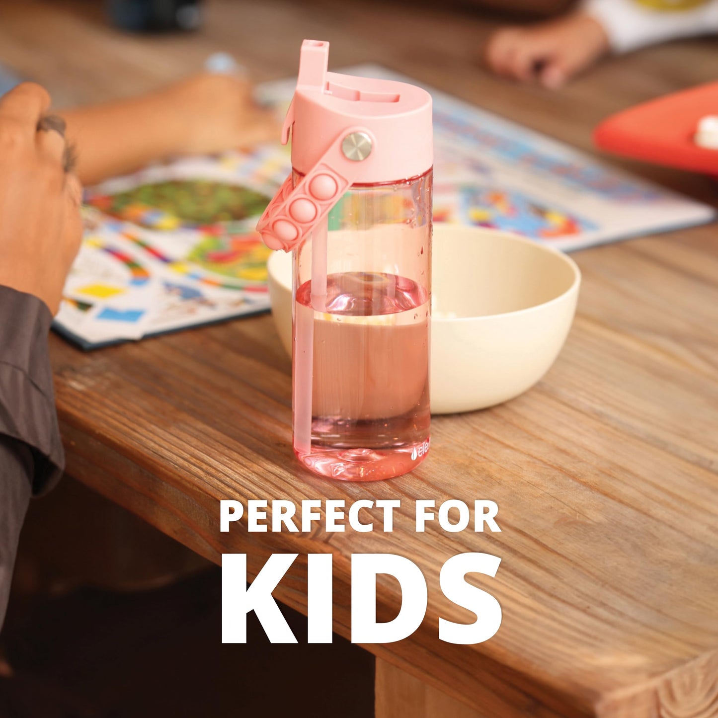 Elemental Leak Proof Water Bottles for Kids - Splash Kids Water Bottle for School with Pop-it Handle - BPA Free Tritan Plastic Reusable Water Bottle with Straw - Pink - 18oz