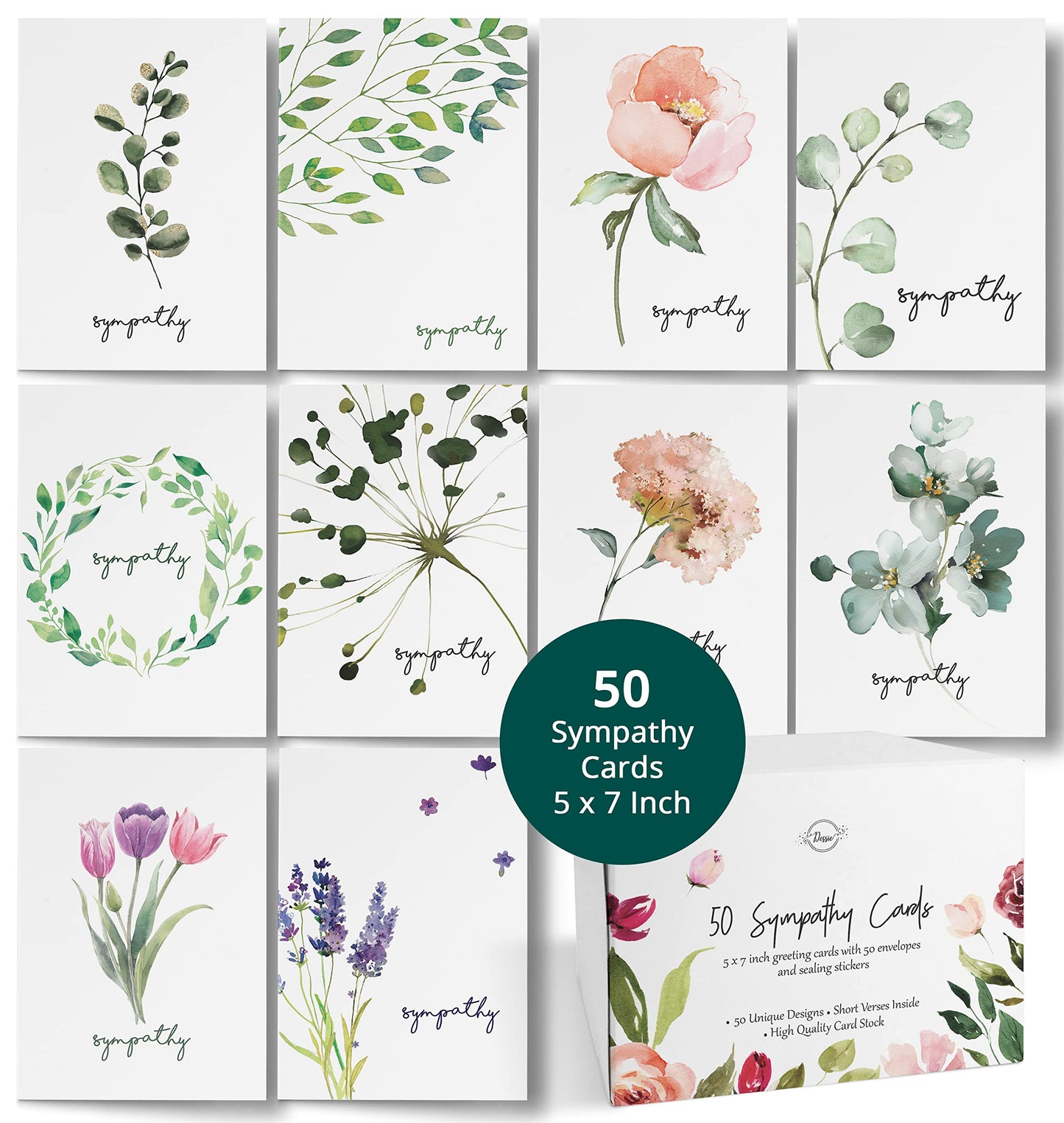 Dessie 50 Different Sympathy Cards With Greetings Inside. 5x7 Inch 50 Condolence Cards With Crisp Designs, Envelopes And Matching Floral Sealing Stickers