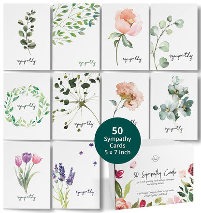Dessie 50 Different Sympathy Cards With Greetings Inside. 5x7 Inch 50 Condolence Cards With Crisp Designs, Envelopes And Matching Floral Sealing Stickers