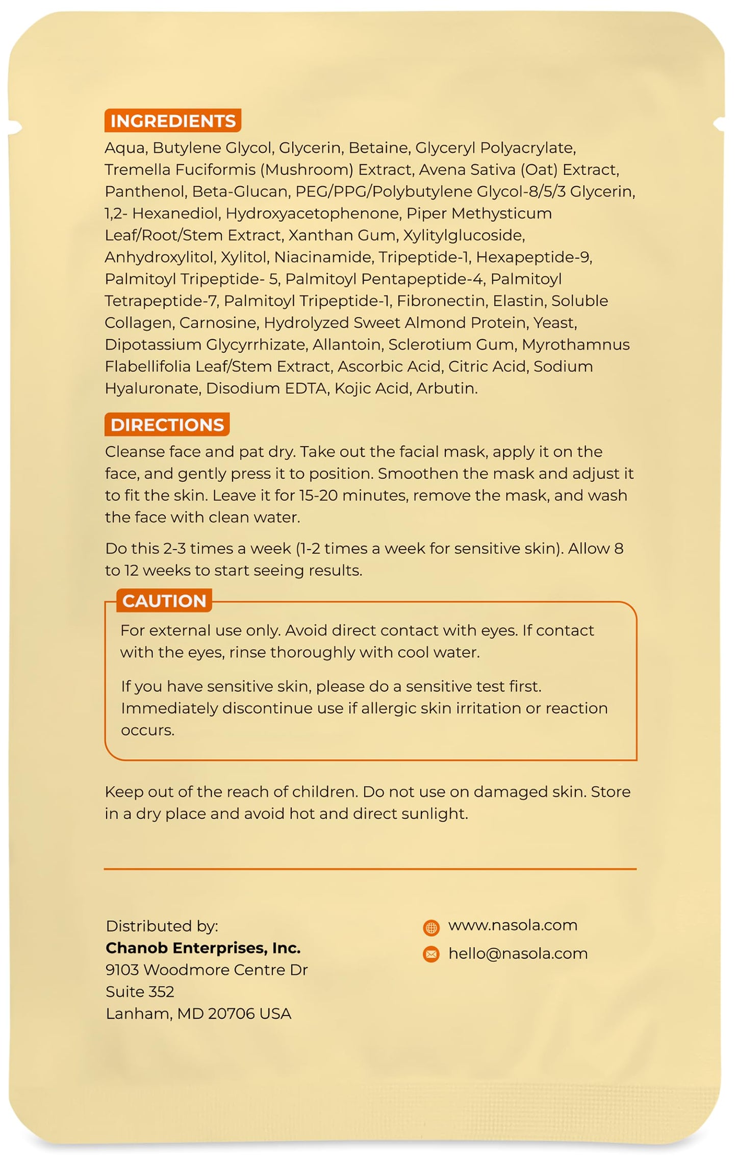 Nasola - Anti-Aging, Brightening, Hydrating, Moisturizing Skin Treatment Mask, 10pcs