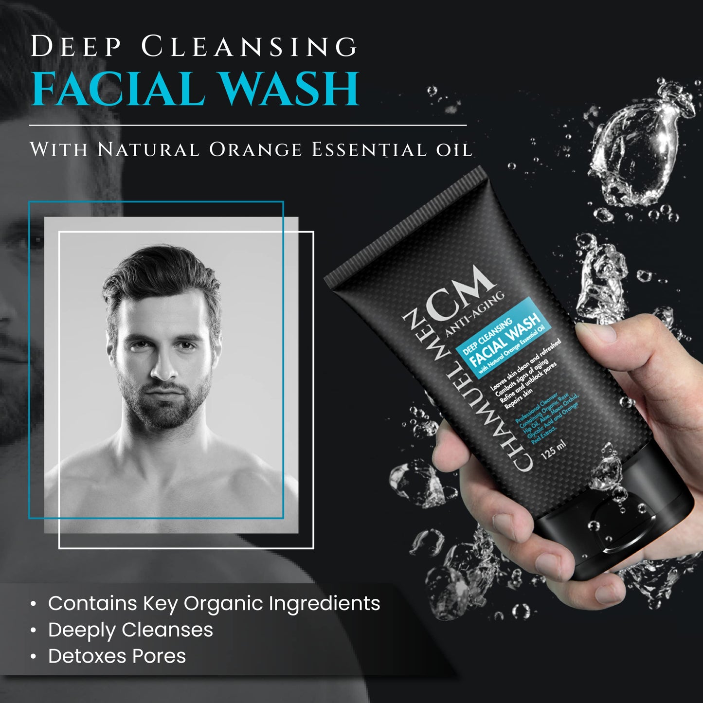 CHAMUEL MEN Anti-Aging Face Cleanser - Deep Cleaning & Exfoliating Mens Face Wash Fights Acne & Wrinkles w/Organic Rose Hip, Aloe & Glycolic Acid for Oily, Dry, Sensitive or Combination Skin, 125ml.