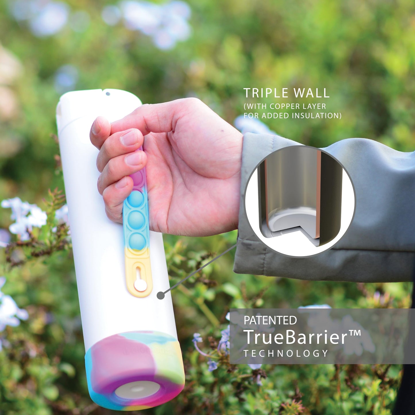 Elemental Iconic Kids Water Bottle with Straw Lid & Stress Reliever Pop It Handle, Leak-Proof When Closed, Triple Insulated Stainless Steel Reusable Thermos Water Bottle, 20oz - White Tie Dye