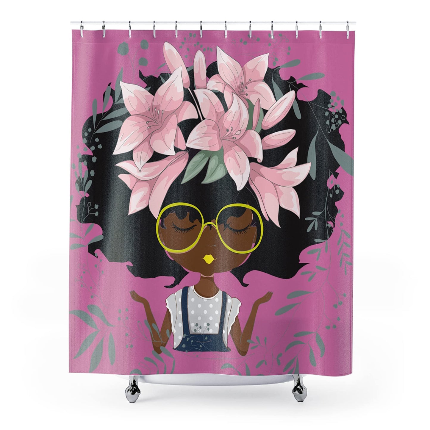 Pardon My Fro Lily Shower Curtain - 100% Polyester Fabric Shower Curtains with Print - Hotel & Home One Piece Hookless Shower Curtains w/ 12 Grommets, Chic Style Bathroom Curtain (Pink 71"×71")